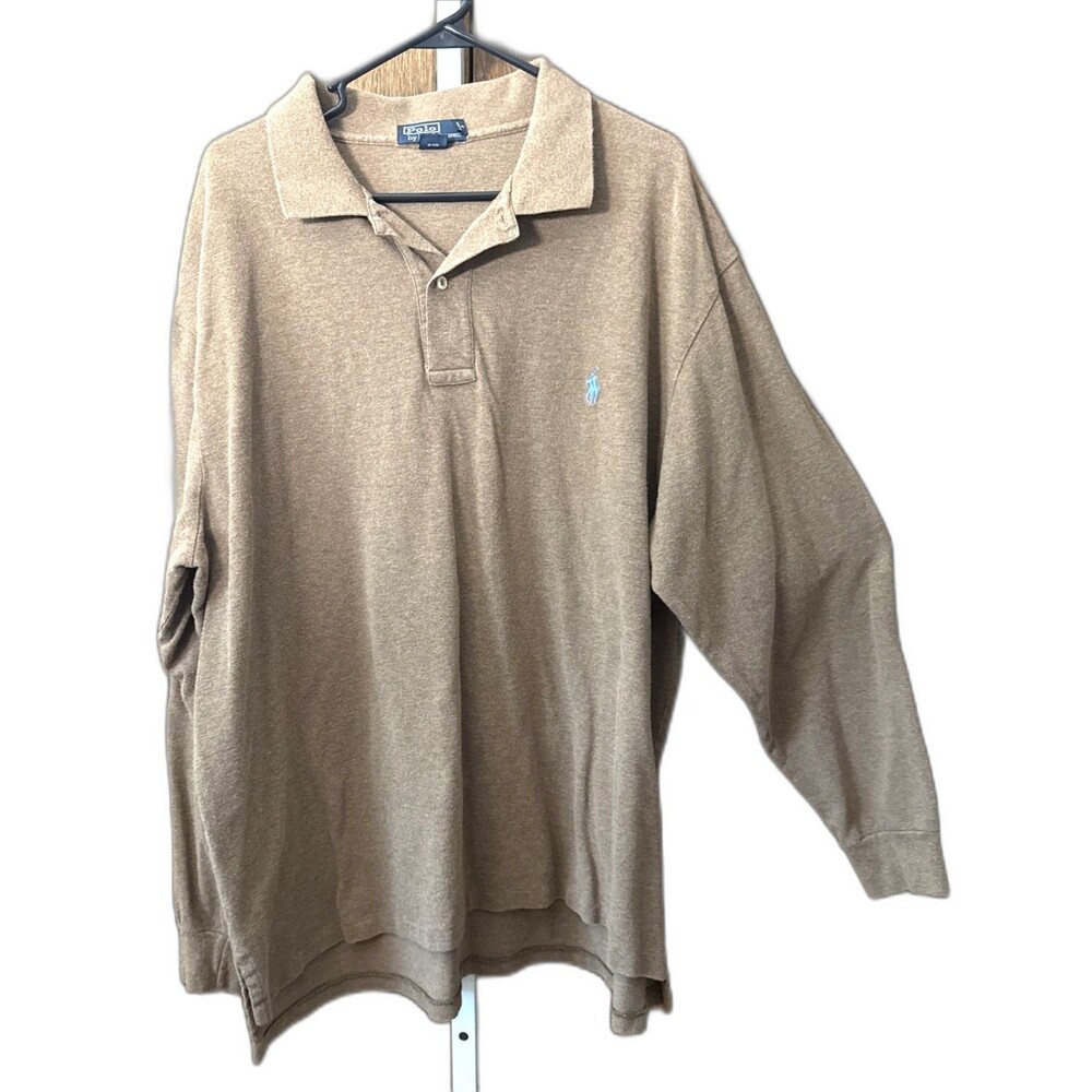Polo Ralph Lauren Mens Polo Shirt Brown 2XB Cotton 2 Button Long Sleeve Pony